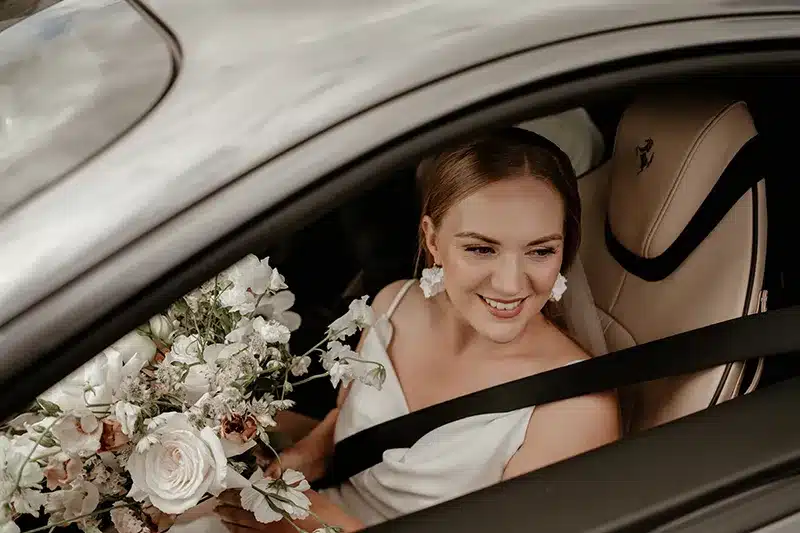 Devon Elopement Wedding Bride In Car
