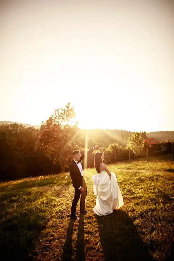 Wedding Couple In Coutryside Sunset